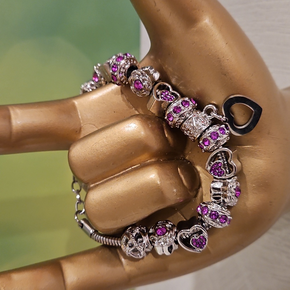 Birthstone bracelet silver tone with charms amethyst dark pink February October - Picture 3 of 10